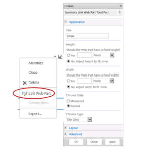 Das WebPart Tool Pane im Standard